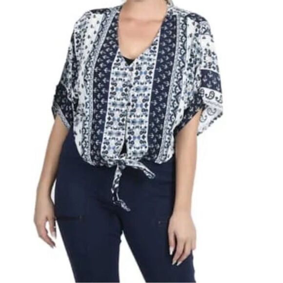 Jovie Front Tie Blue Paisley Button up V Neck Blouse - Picture 1 of 10